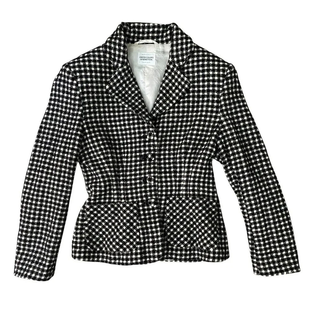 United Colors of Benetton Wool Blazer IT 38 / US 2 Black White Checkered Plaid